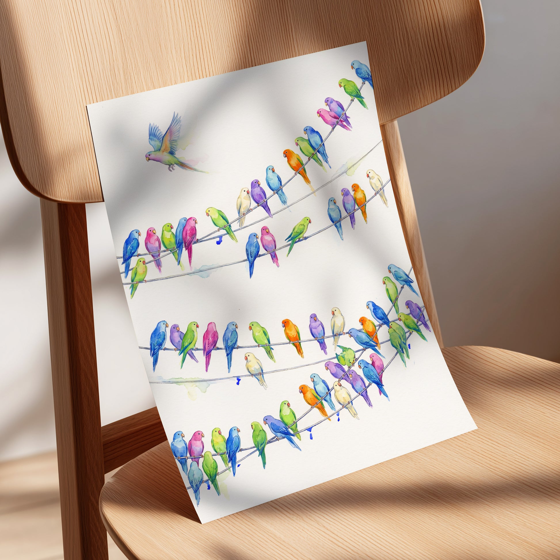 Parakeet Parade, multicolor, white, blue nature wall art displayed in a styled interior, gallery view 5