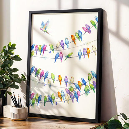 Parakeet Parade, multicolor, white, blue nature wall art displayed in a styled interior, gallery view 6