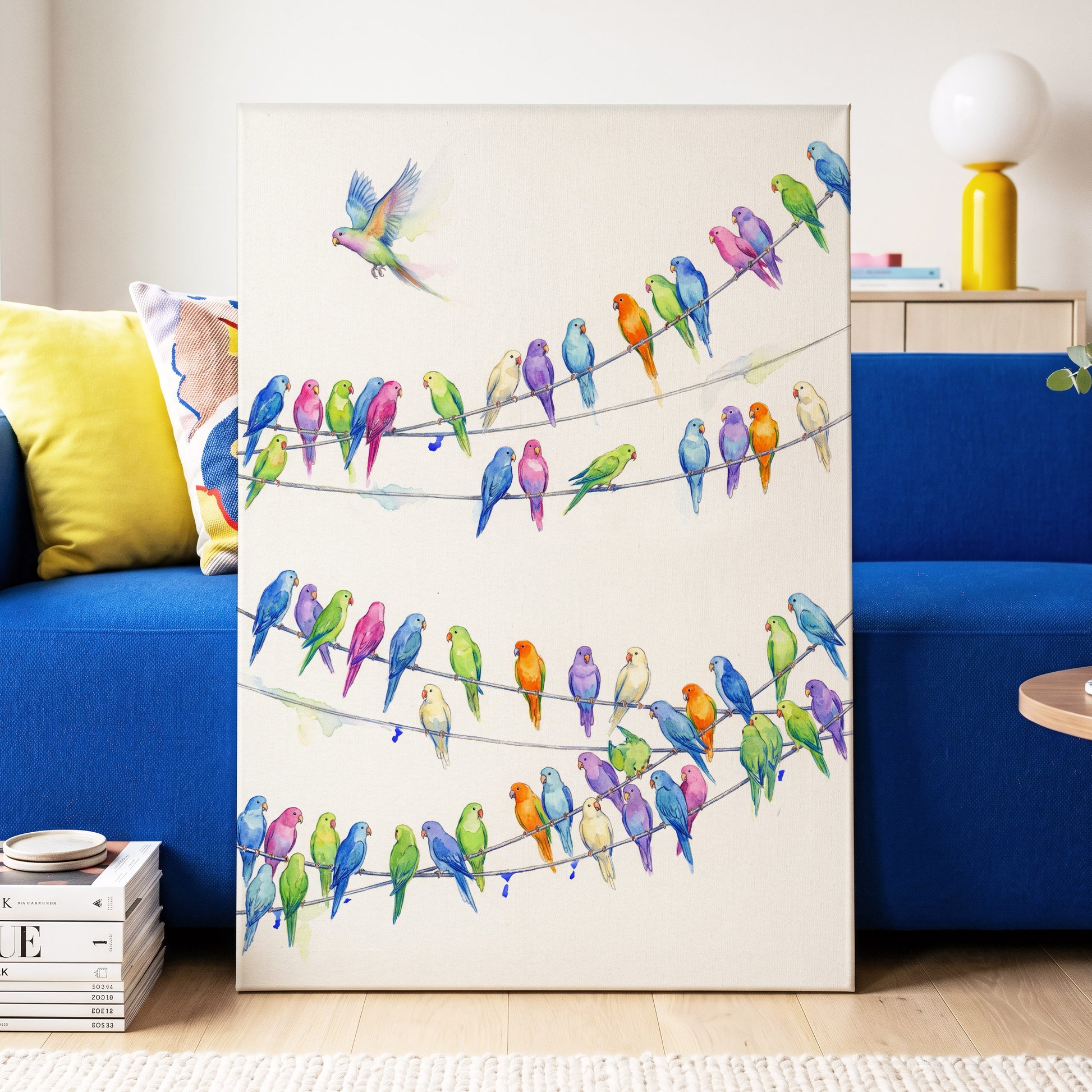 Parakeet Parade, multicolor, white, blue nature wall art displayed in a styled interior, gallery view 7