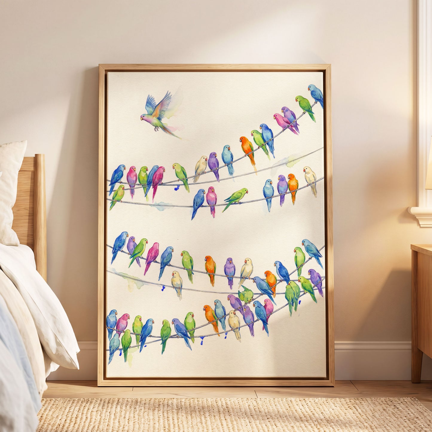 Parakeet Parade, multicolor, white, blue nature wall art displayed in a styled interior, gallery view 8