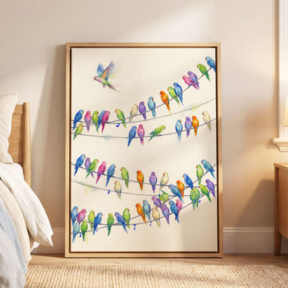 Parakeet Parade, multicolor, white, blue nature wall art displayed in a styled interior, gallery view 8
