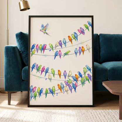 Parakeet Parade, multicolor, white, blue nature wall art displayed in a styled interior, gallery view 9