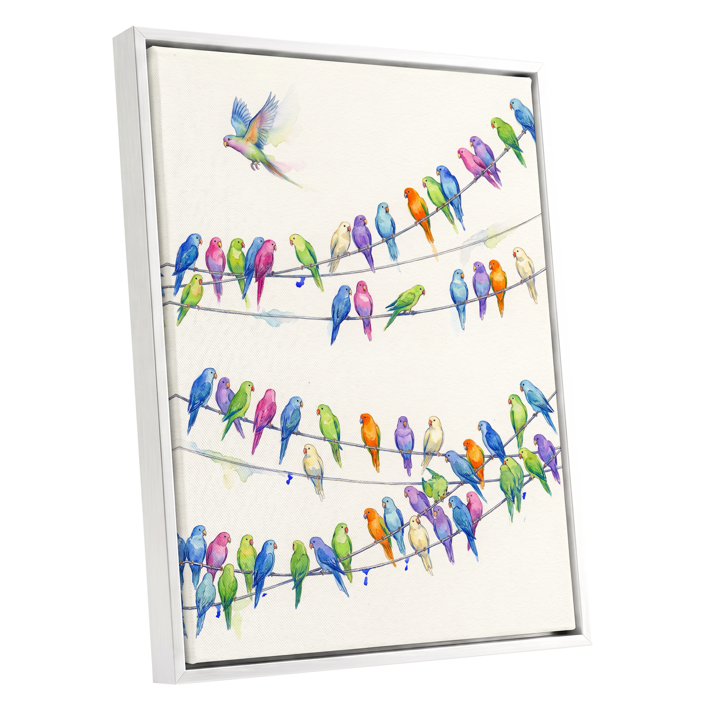 Parakeet Parade, multicolor, white, blue nature wall art shown as a white framed canvas wall art
