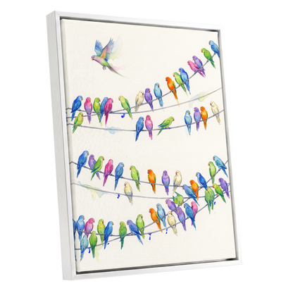 Parakeet Parade, multicolor, white, blue nature wall art shown as a white framed canvas wall art