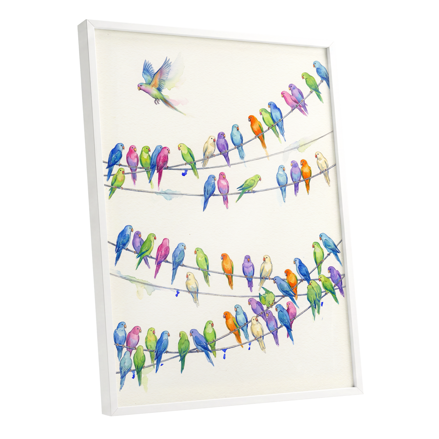 Parakeet Parade, multicolor, white, blue nature wall art shown as a white framed poster wall art print