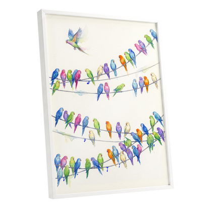 Parakeet Parade, multicolor, white, blue nature wall art shown as a white framed poster wall art print