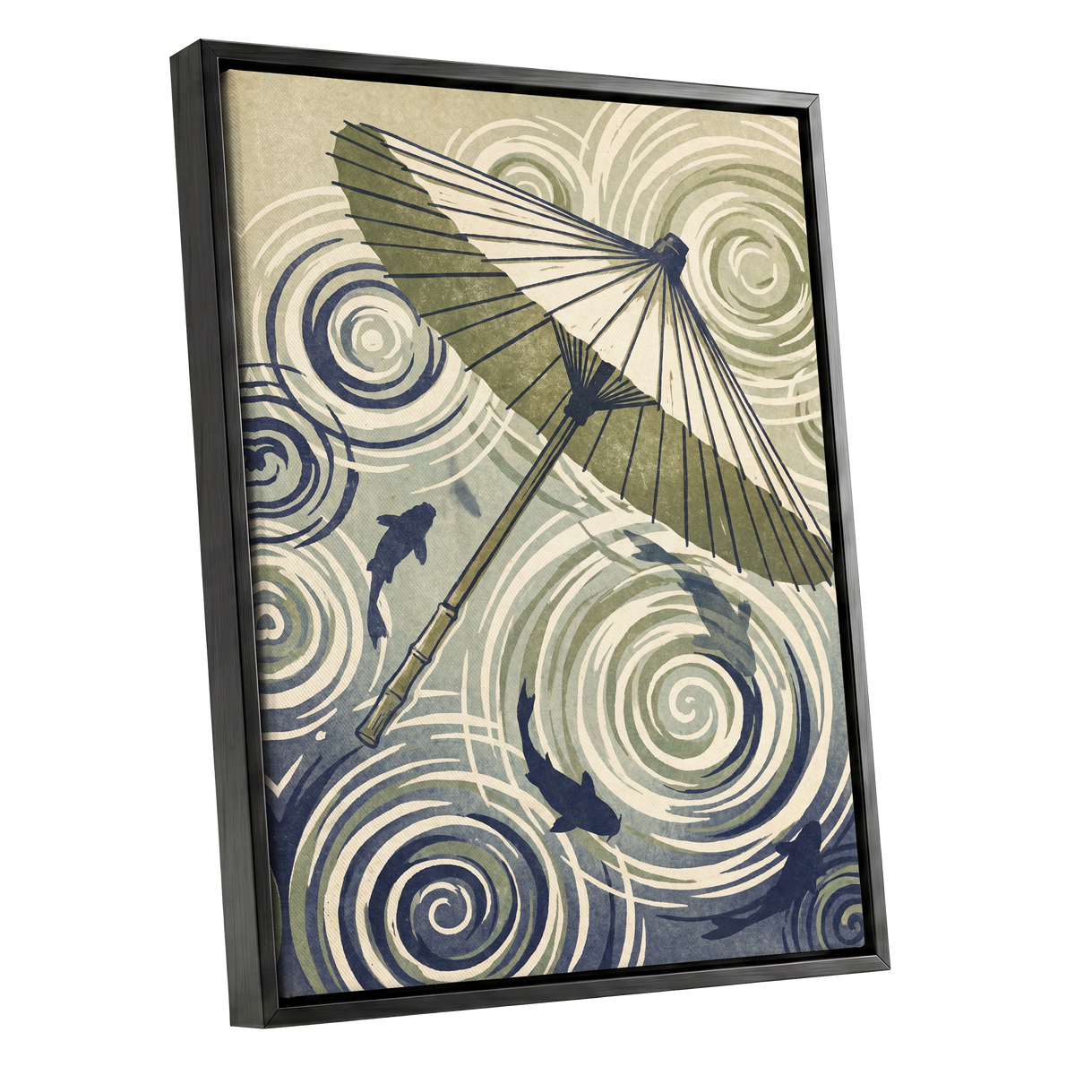 Parasol and Pond, green, beige, blue nature wall art shown as a black framed canvas wall art