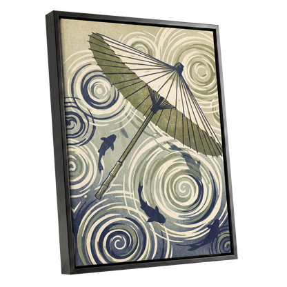 Parasol and Pond, green, beige, blue nature wall art shown as a black framed canvas wall art