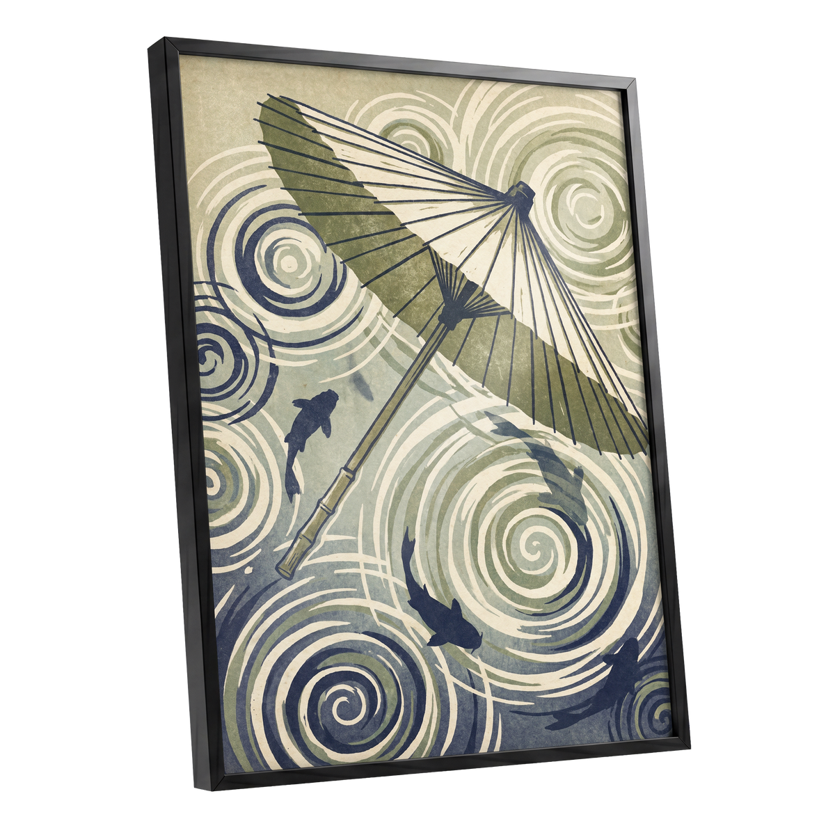 Parasol and Pond, green, beige, blue nature wall art shown as a black framed poster wall art print