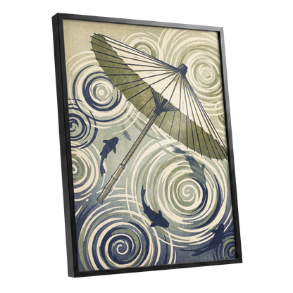 Parasol and Pond, green, beige, blue nature wall art shown as a black framed poster wall art print
