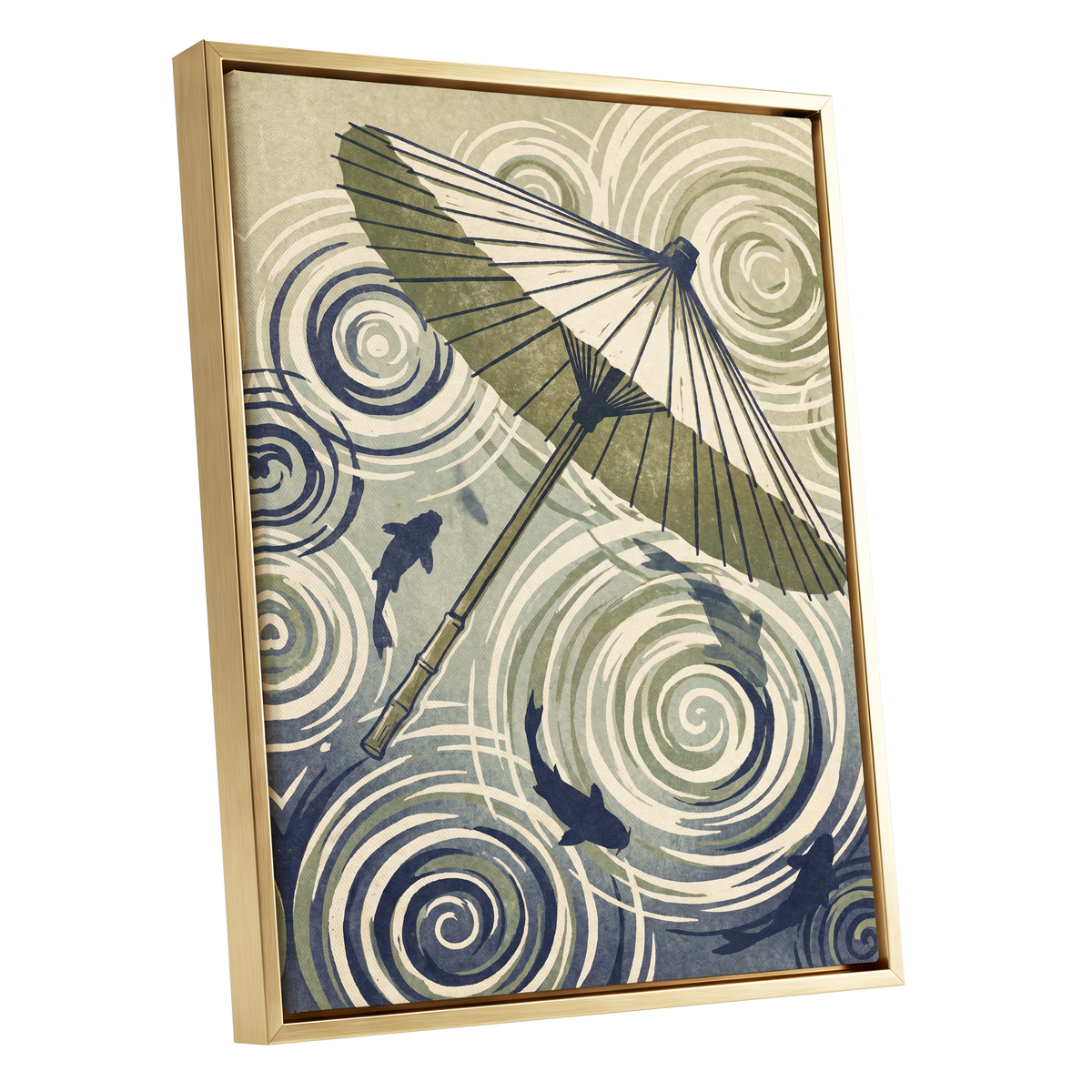 Parasol and Pond, green, beige, blue nature wall art shown as a gold framed canvas wall art