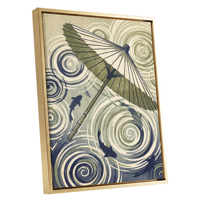 Parasol and Pond, green, beige, blue nature wall art shown as a gold framed canvas wall art