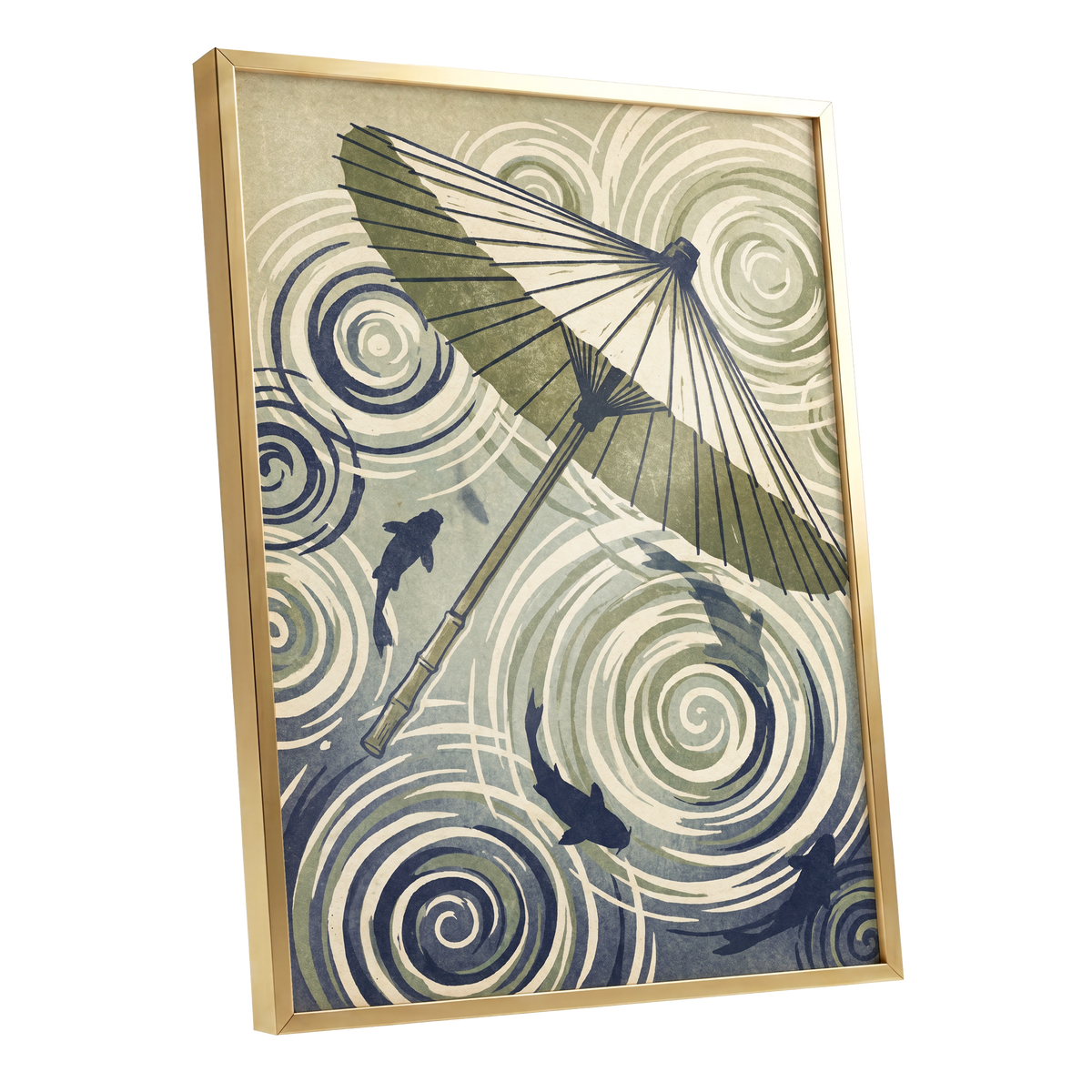 Parasol and Pond, green, beige, blue nature wall art shown as a gold framed poster wall art print