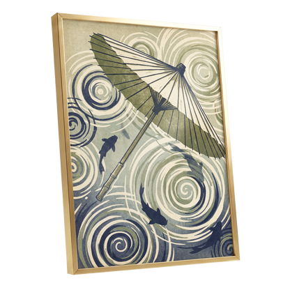 Parasol and Pond, green, beige, blue nature wall art shown as a gold framed poster wall art print