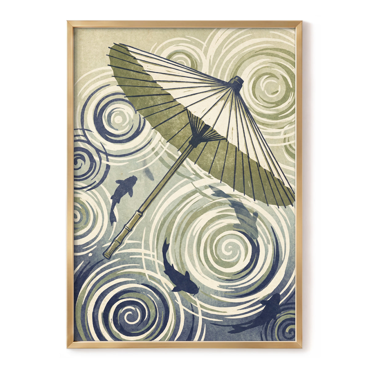 Parasol and Pond, green, beige, blue nature wall art, front artwork view
