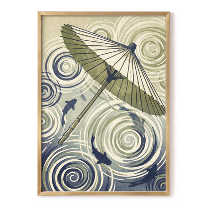 Parasol and Pond, green, beige, blue nature wall art, front artwork view