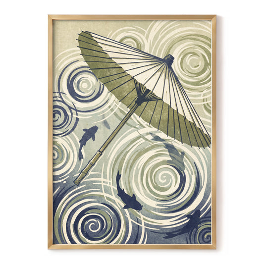 Parasol and Pond, green, beige, blue nature wall art, front artwork view
