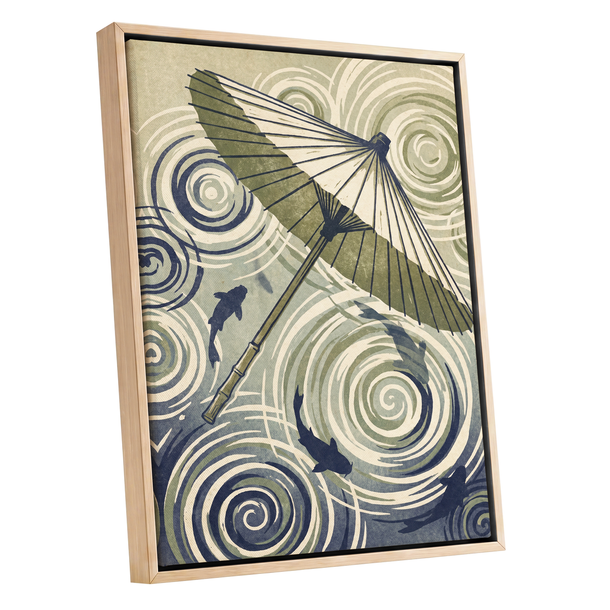 Parasol and Pond, green, beige, blue nature wall art shown as a oak framed canvas wall art