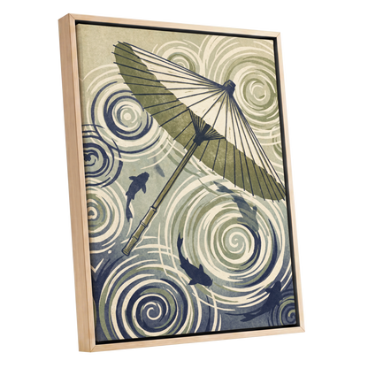 Parasol and Pond, green, beige, blue nature wall art shown as a oak framed canvas wall art
