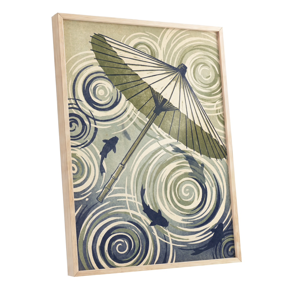 Parasol and Pond, green, beige, blue nature wall art shown as a oak framed poster wall art print