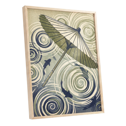 Parasol and Pond, green, beige, blue nature wall art shown as a oak framed poster wall art print