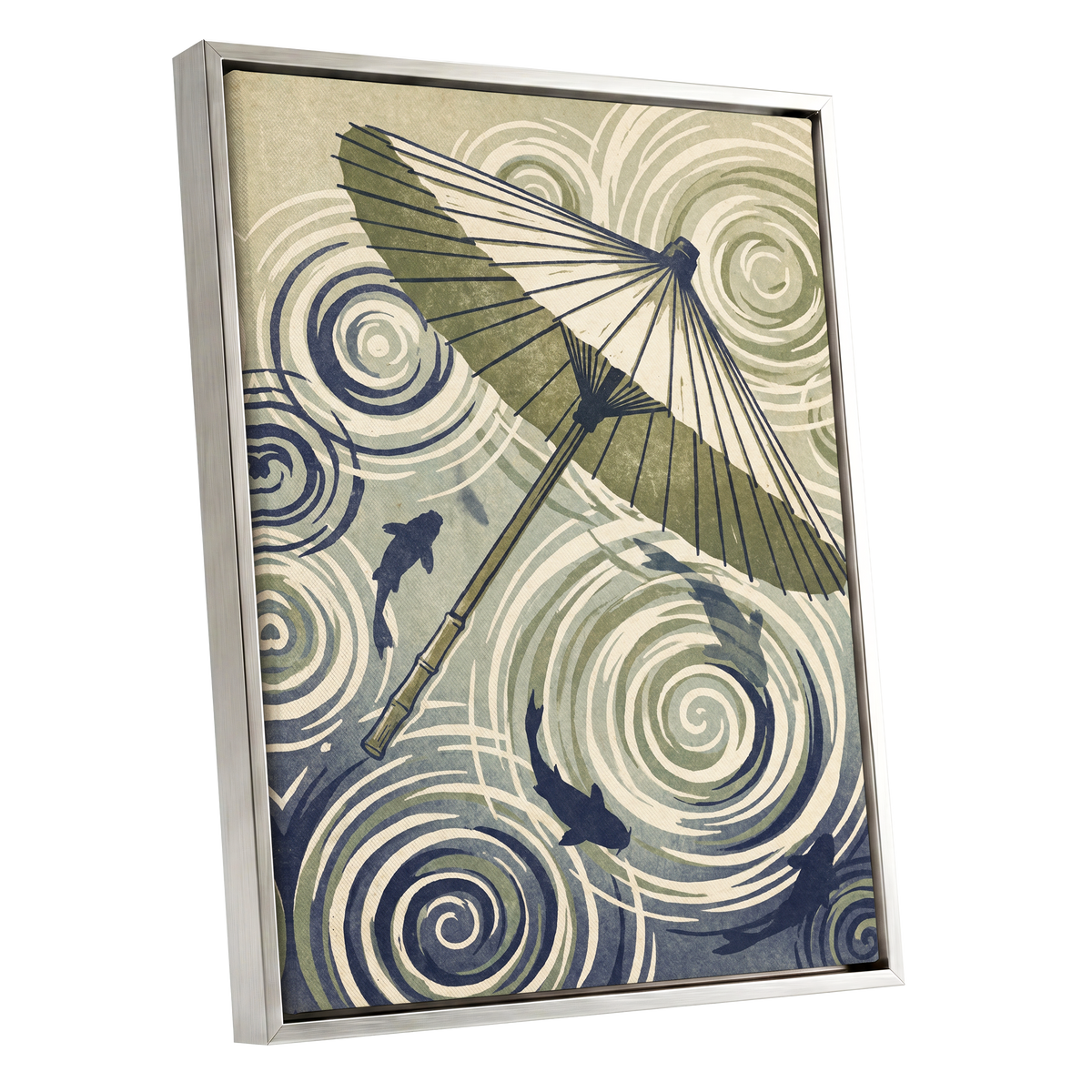 Parasol and Pond, green, beige, blue nature wall art shown as a silver framed canvas wall art
