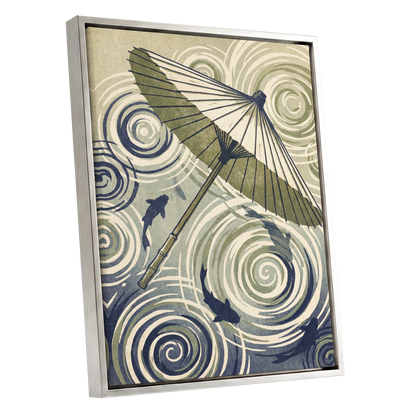 Parasol and Pond, green, beige, blue nature wall art shown as a silver framed canvas wall art