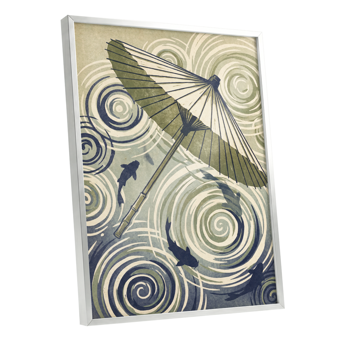 Parasol and Pond, green, beige, blue nature wall art shown as a silver framed poster wall art print