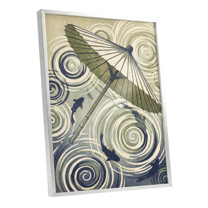Parasol and Pond, green, beige, blue nature wall art shown as a silver framed poster wall art print