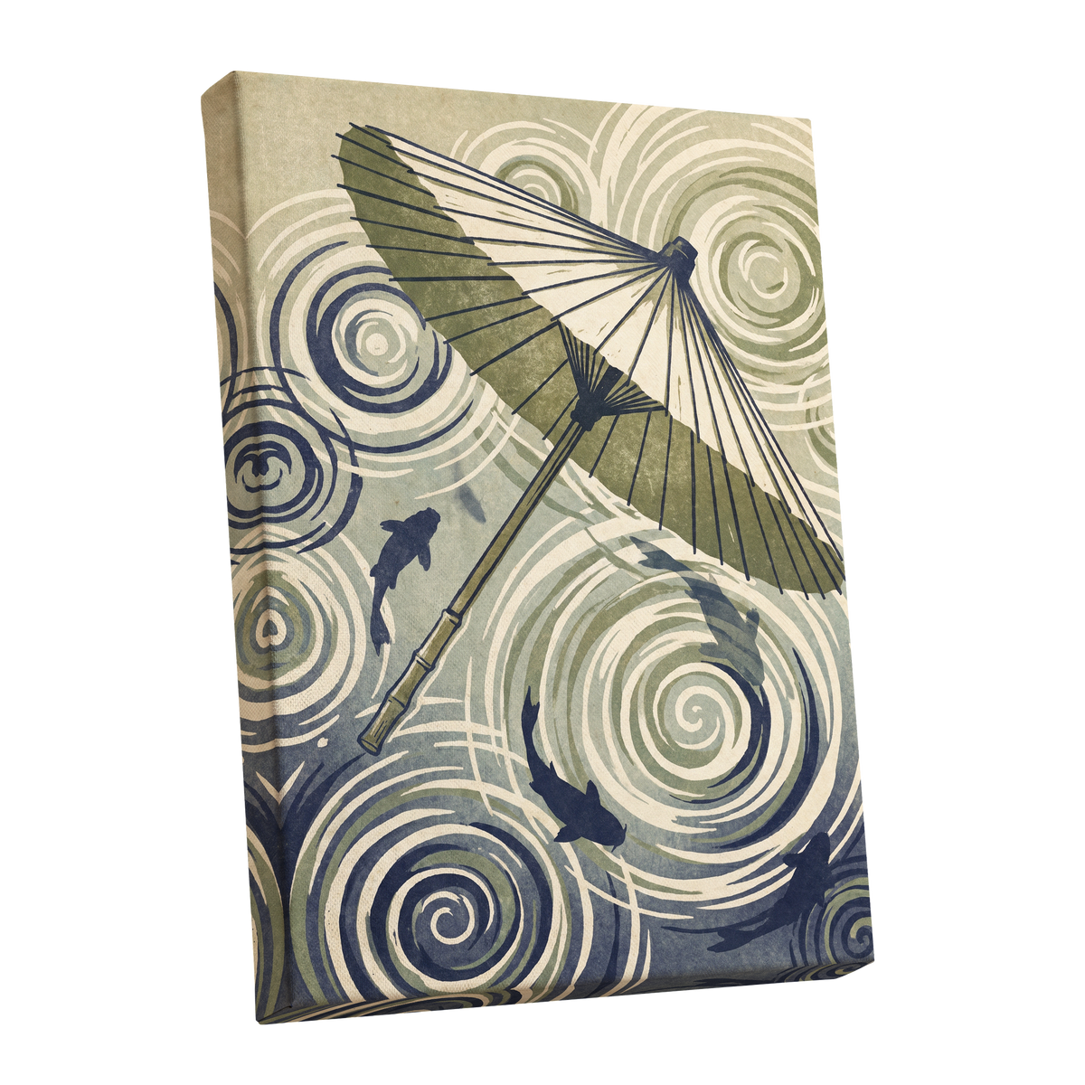 Parasol and Pond, green, beige, blue nature wall art shown as a stretched canvas wall art