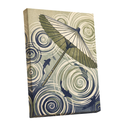 Parasol and Pond, green, beige, blue nature wall art shown as a stretched canvas wall art