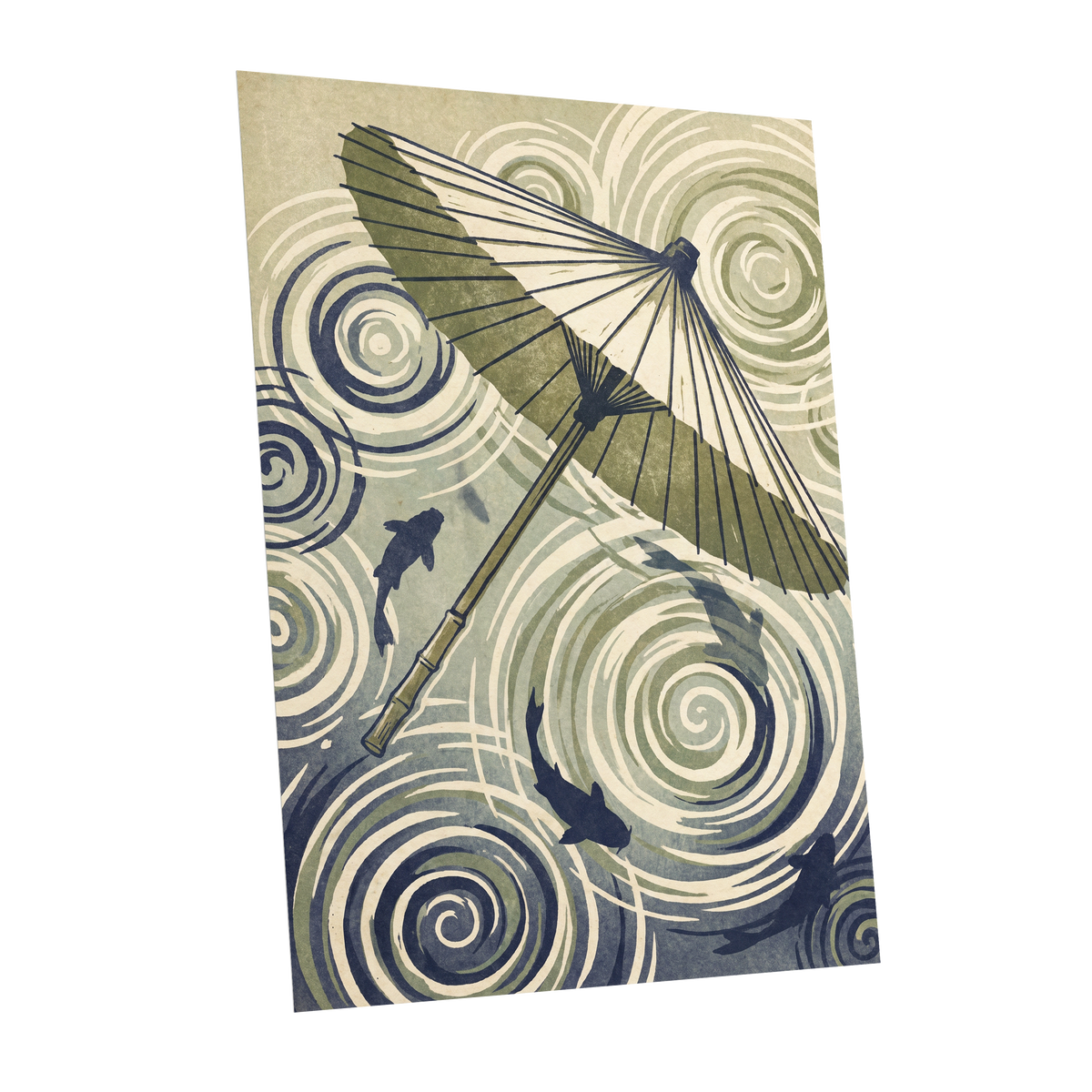 Parasol and Pond, green, beige, blue nature wall art shown as a unframed poster wall art print