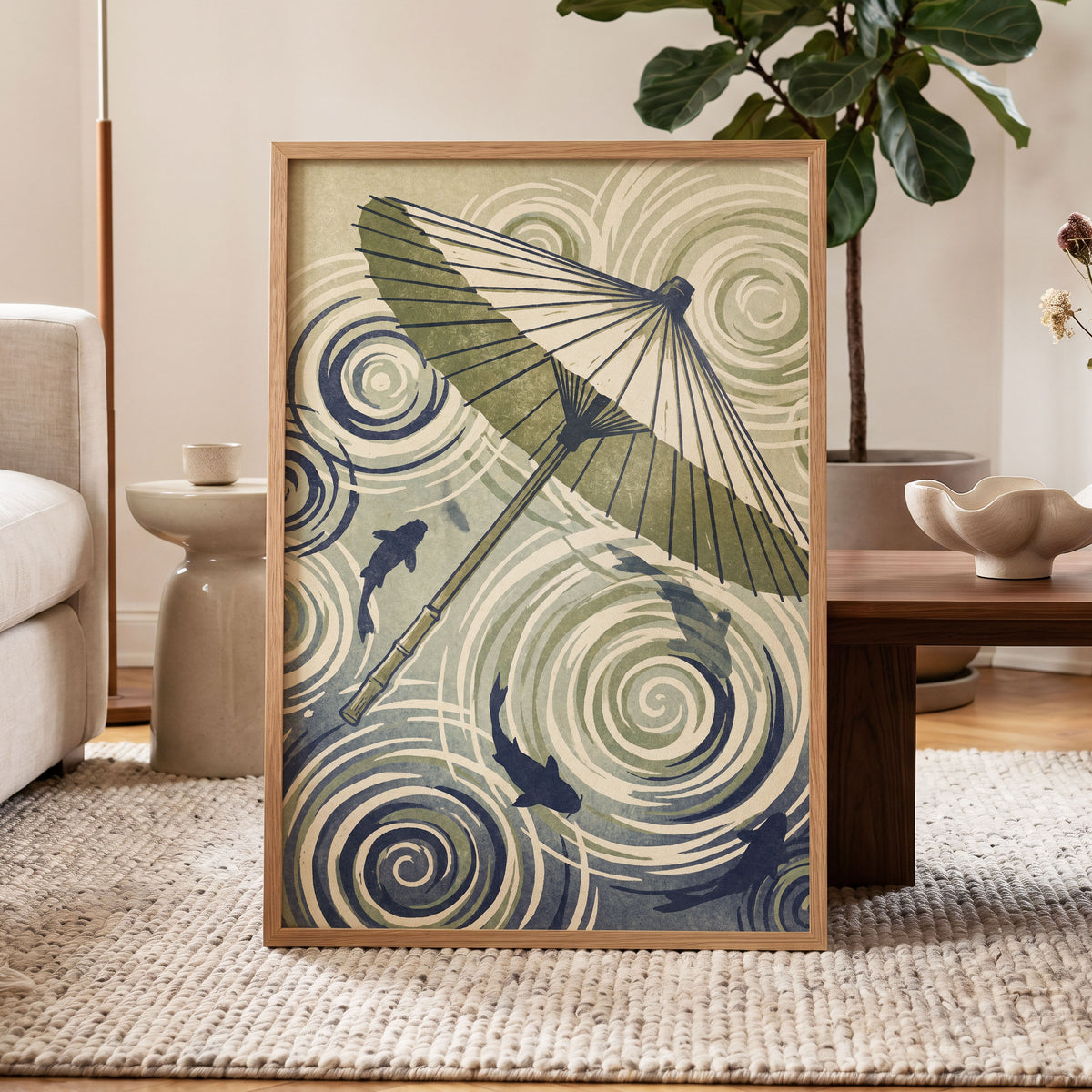 Parasol and Pond, green, beige, blue nature wall art displayed in a styled interior, gallery view 2