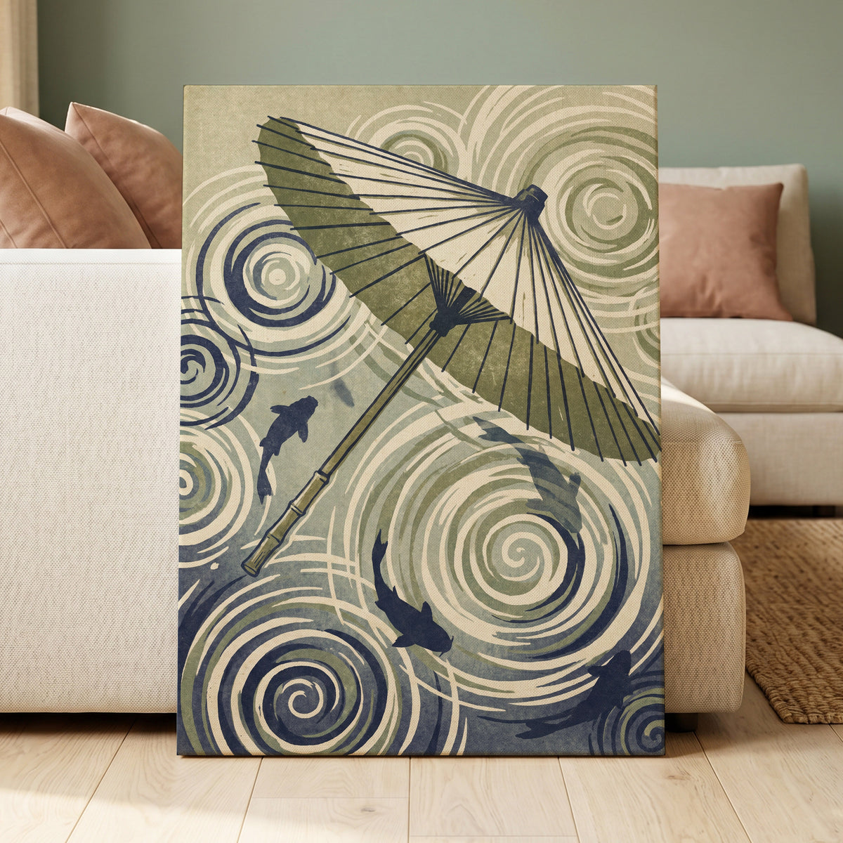 Parasol and Pond, green, beige, blue nature wall art displayed in a styled interior, gallery view 3