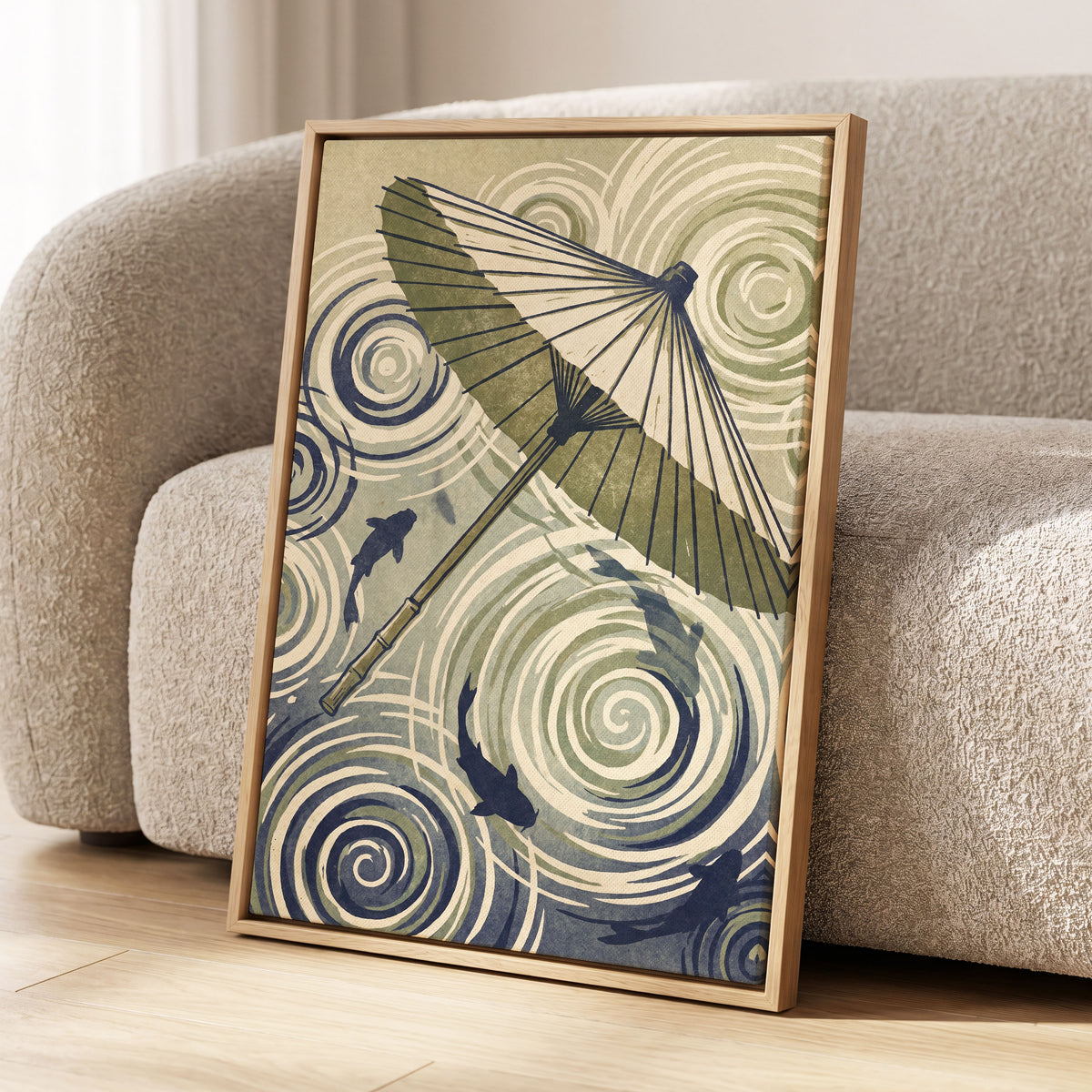 Parasol and Pond, green, beige, blue nature wall art displayed in a styled interior, gallery view 4