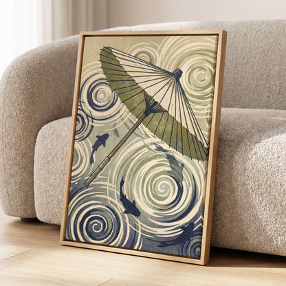 Parasol and Pond, green, beige, blue nature wall art displayed in a styled interior, gallery view 4