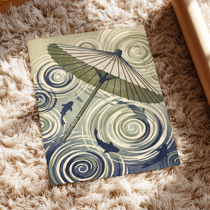 Parasol and Pond, green, beige, blue nature wall art displayed in a styled interior, gallery view 5