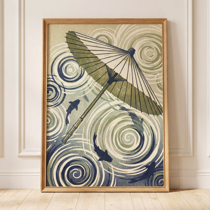 Parasol and Pond, green, beige, blue nature wall art displayed in a styled interior, gallery view 6