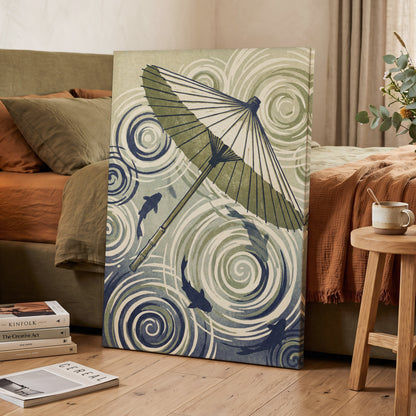 Parasol and Pond, green, beige, blue nature wall art displayed in a styled interior, gallery view 7