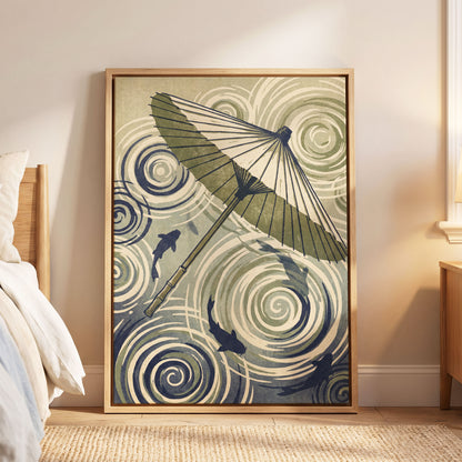 Parasol and Pond, green, beige, blue nature wall art displayed in a styled interior, gallery view 8