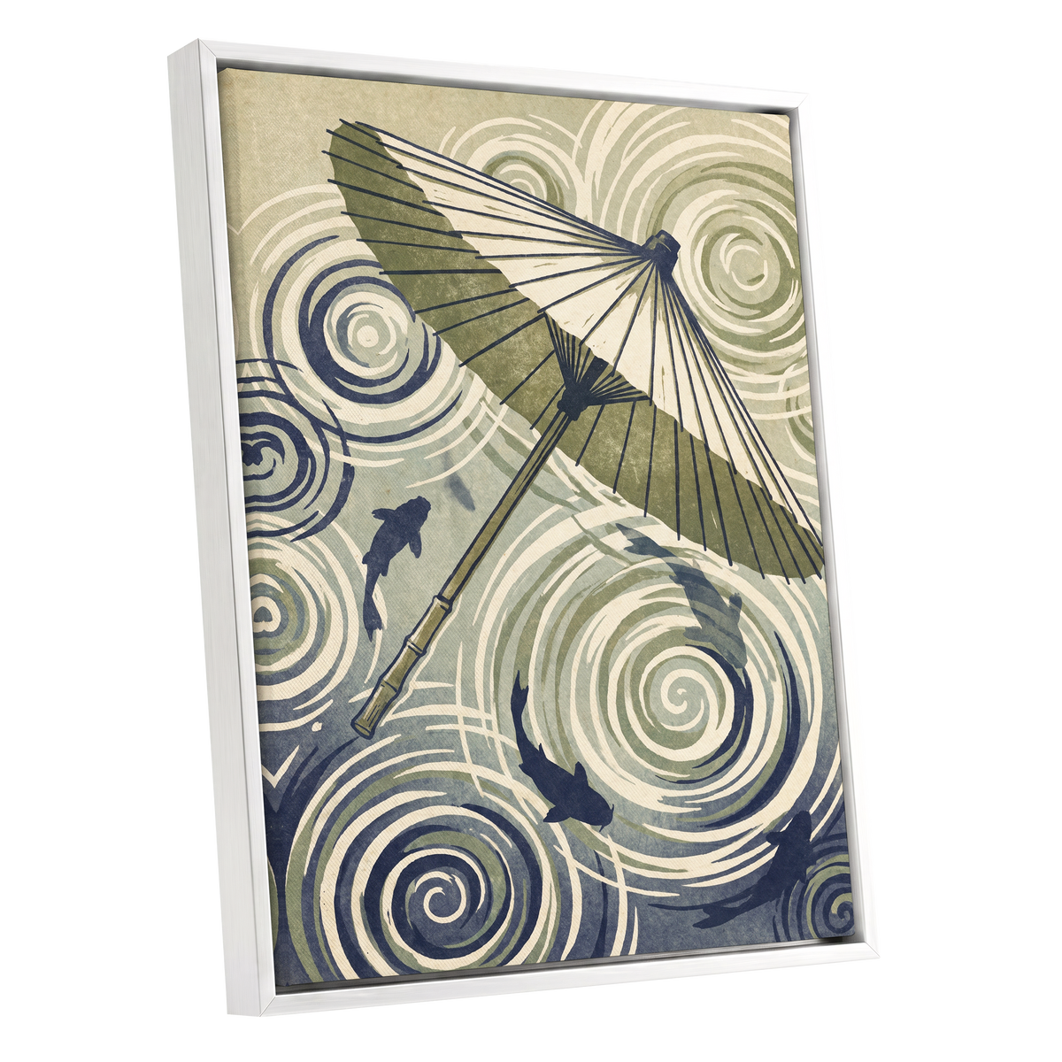 Parasol and Pond, green, beige, blue nature wall art shown as a white framed canvas wall art