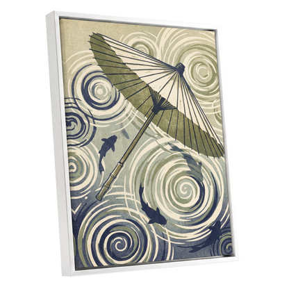 Parasol and Pond, green, beige, blue nature wall art shown as a white framed canvas wall art