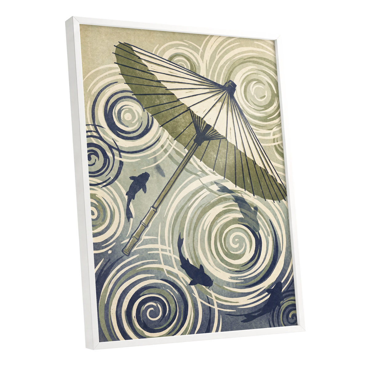 Parasol and Pond, green, beige, blue nature wall art shown as a white framed poster wall art print