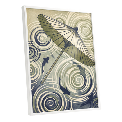 Parasol and Pond, green, beige, blue nature wall art shown as a white framed poster wall art print