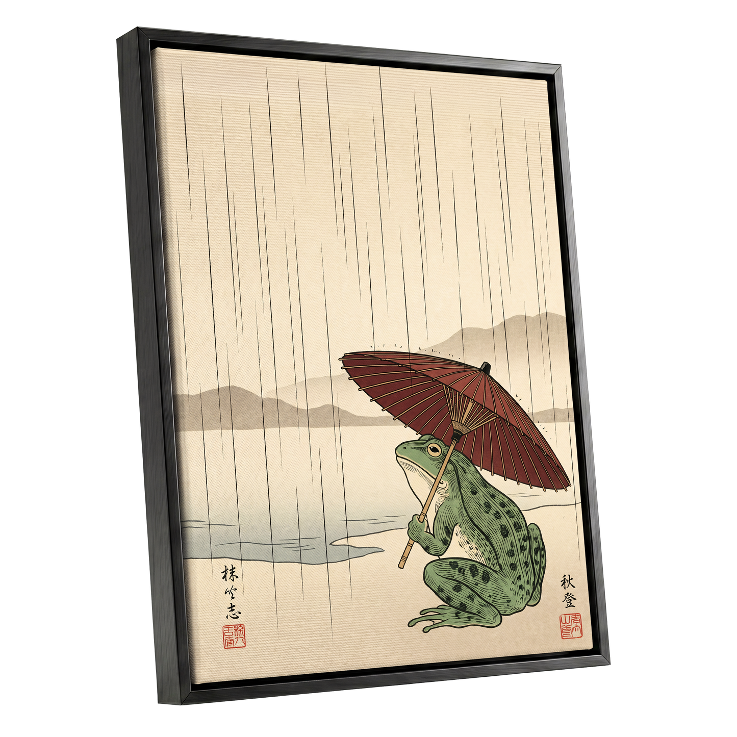 Parasol Frog in Rain, green, red, beige nature wall art shown as a black framed canvas wall art