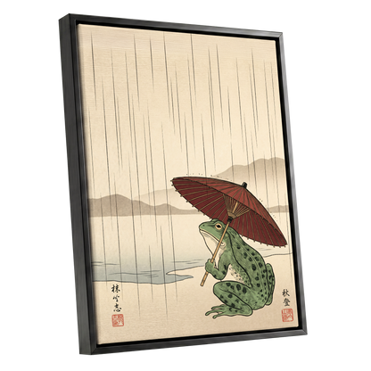 Parasol Frog in Rain, green, red, beige nature wall art shown as a black framed canvas wall art