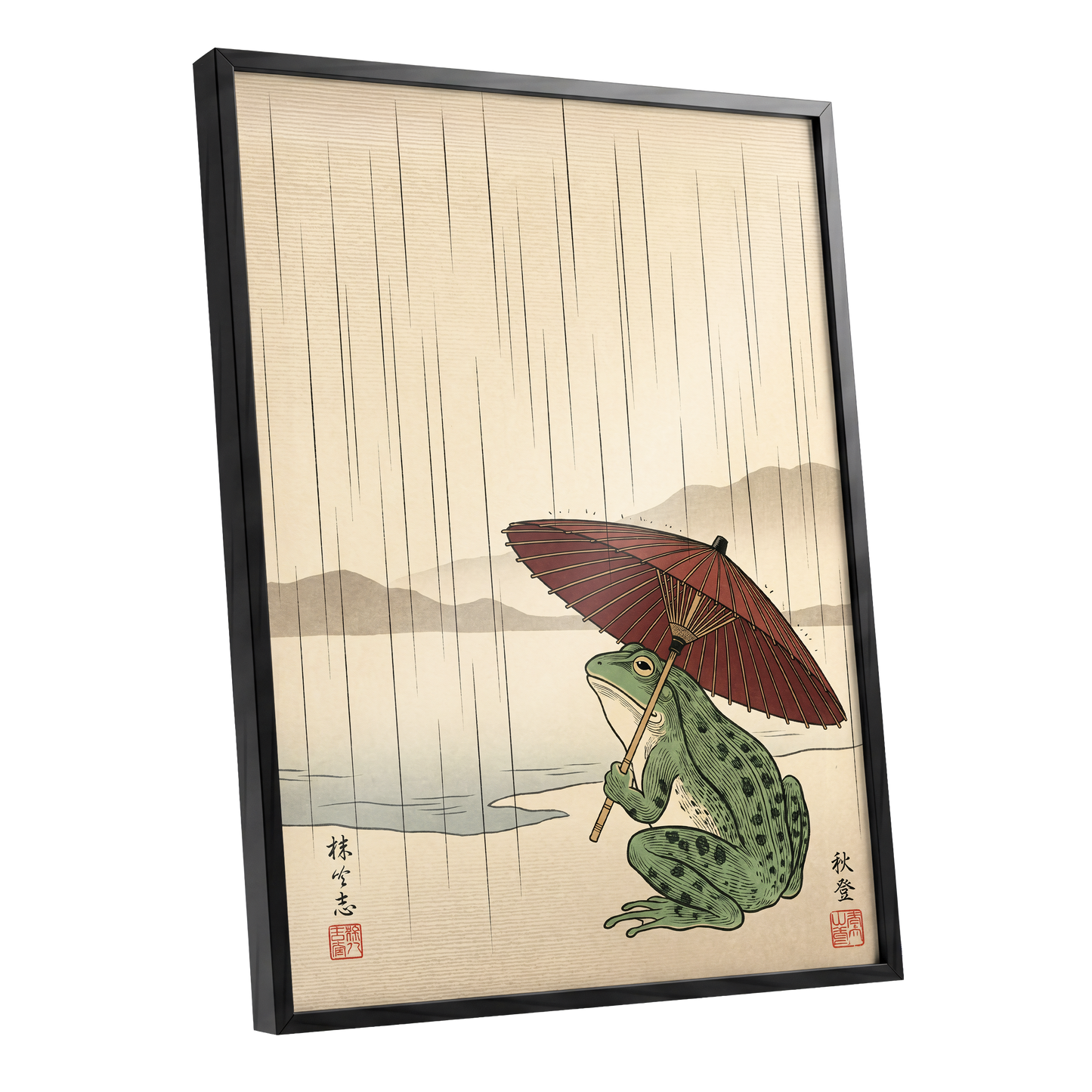 Parasol Frog in Rain, green, red, beige nature wall art shown as a black framed poster wall art print