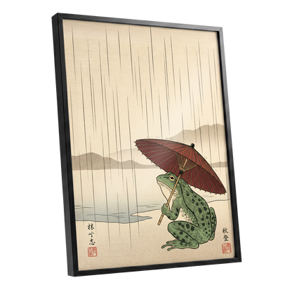 Parasol Frog in Rain, green, red, beige nature wall art shown as a black framed poster wall art print