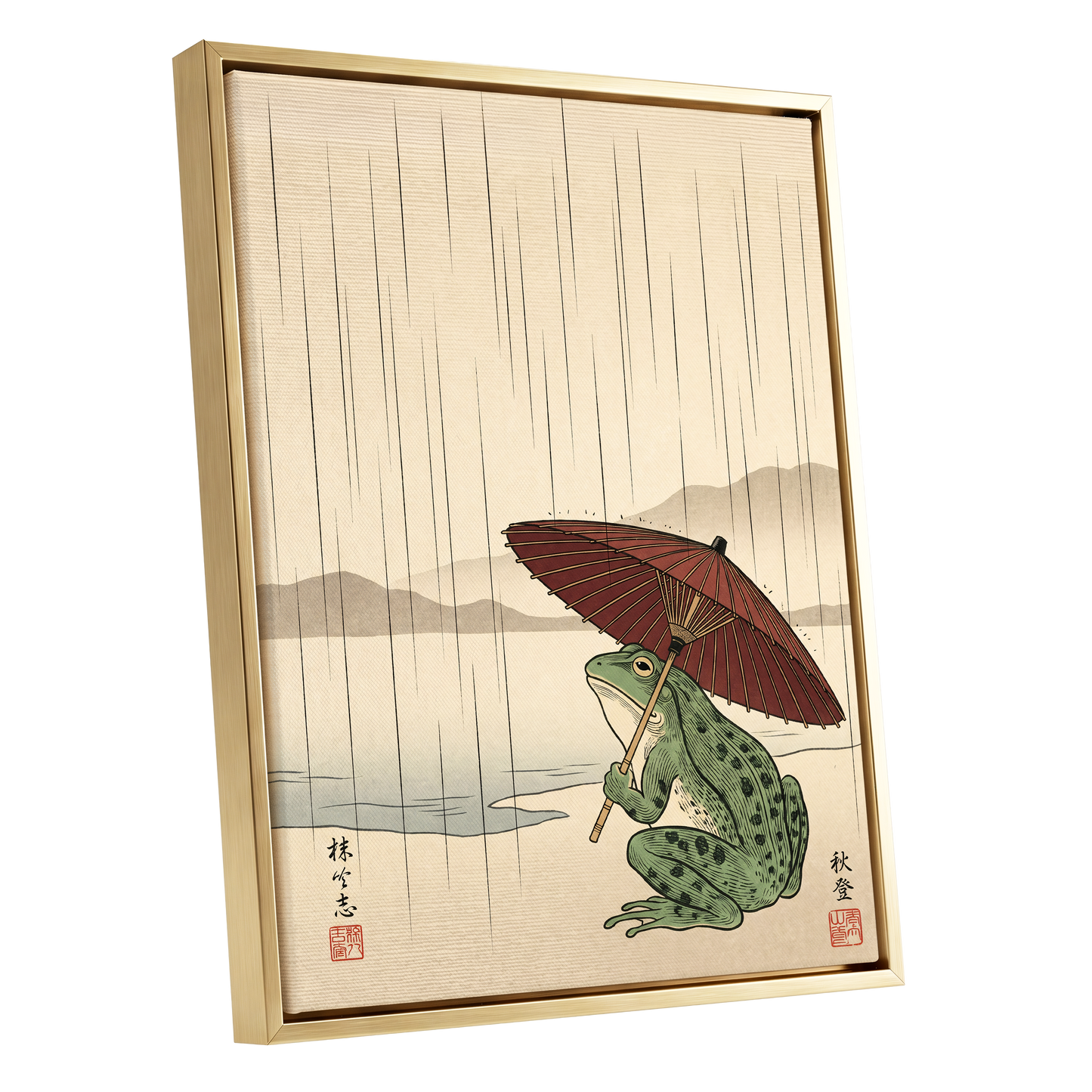 Parasol Frog in Rain, green, red, beige nature wall art shown as a gold framed canvas wall art