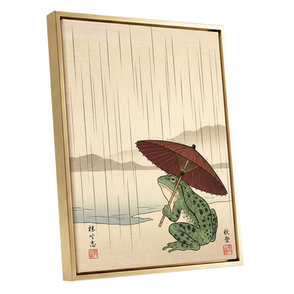 Parasol Frog in Rain, green, red, beige nature wall art shown as a gold framed canvas wall art